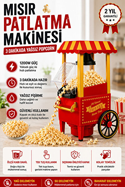 MOBEE Yeni Nesil Mısır Patlatma Makinesi Yağsız & Sağlıklı Retro Popcorn Maki...