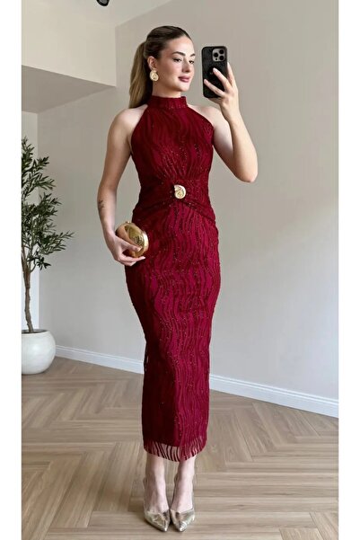 verabelle Buy Accessory Detailed Halter Neck Glittery Midi Burgundy Dress