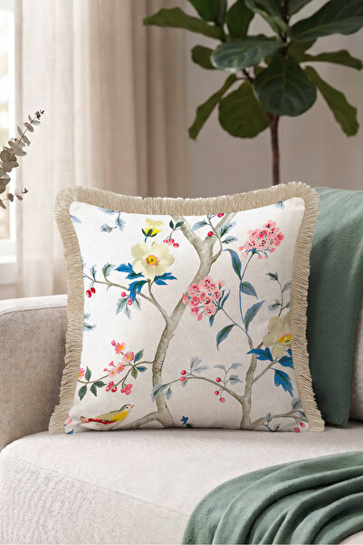 Evimde Bambaşka Elegant Fringed Pillowcase with Floral Bird Spring Branch Pat...