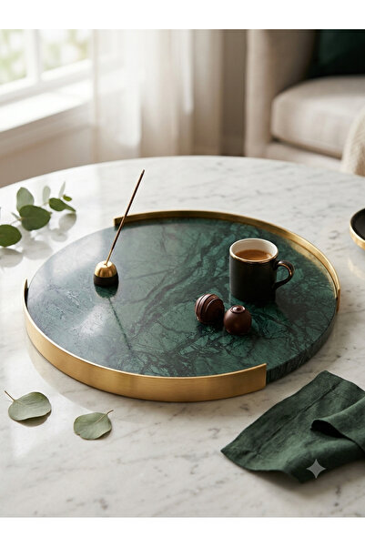 Adeem 30cm Round Gold Rimmed Marble Oil Tray Serving Tray