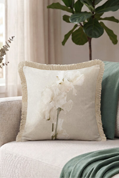 Evimde Bambaşka Floral Patterned Elegant Soft Tone Fringed Pillowcase-Romanti...