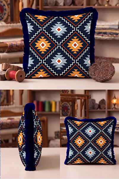 Evimde Bambaşka Ethnic Kilim Fringed Pillowcase - Geometric Navajo Retro Oran...