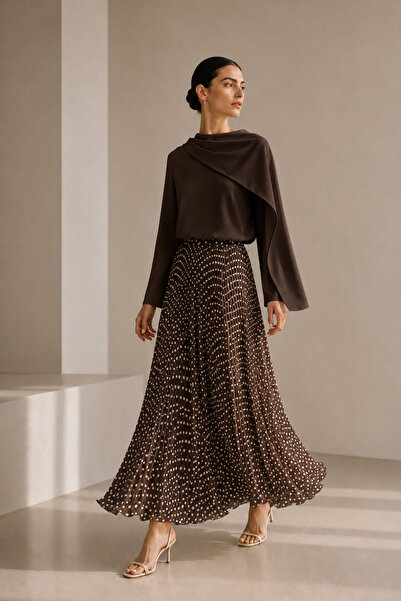 Zühre Polka Dot Pleated Brown Skirt with Elastic Waist 0242