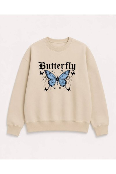 Birdirbir Kız Çocuk Butterfly Ve Mavi Kelebek Baskılı Bisiklet Yaka Sweatshirt