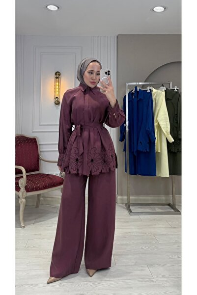 Jupe Kadın Modal Kumaş Nakış Detaylı Kuşaklı Tunik Pantolon İkili Takım 8666