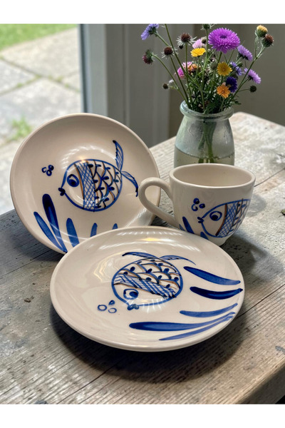 Home El Yapımı Balık Desenli Seramik Türk Kahvesi Fincanı 2'li Set