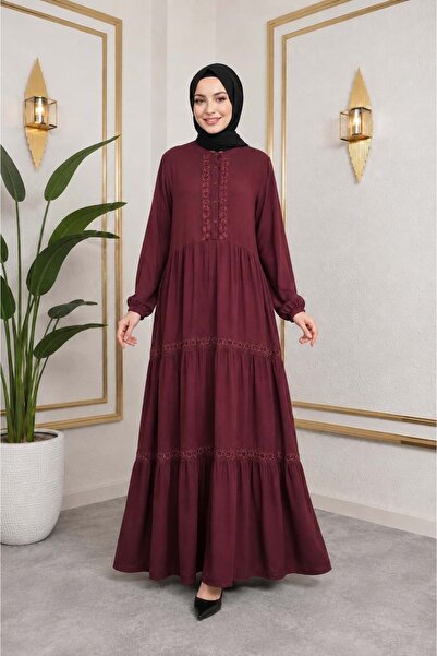 EFRAZE 26Y354 ELBİSE GENİŞ GÜPÜRLÜ VİSKON VİŞNE