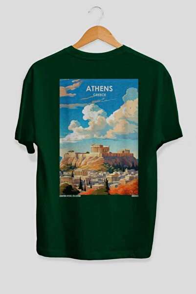 Ankhises تي شيرت أثينا اليونان الأخضر كبير الحجم مطبوع عليه Country City Back...