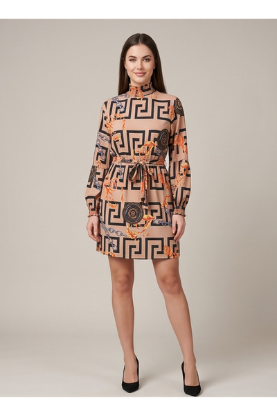 gökçesu Women's Geometric Patterned Chain Detailed Dress - Gipeli High Neck L...