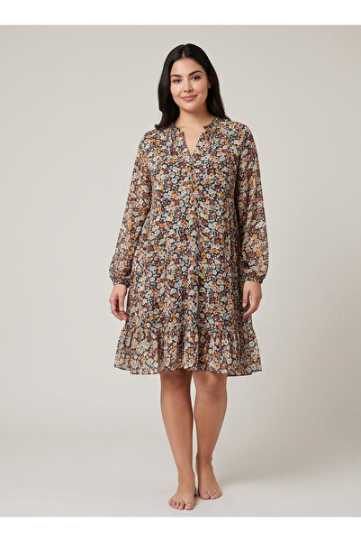 gökçesu Women's Floral Print Chiffon Dress - Loose Fit Lined V-Neck Mini Dress