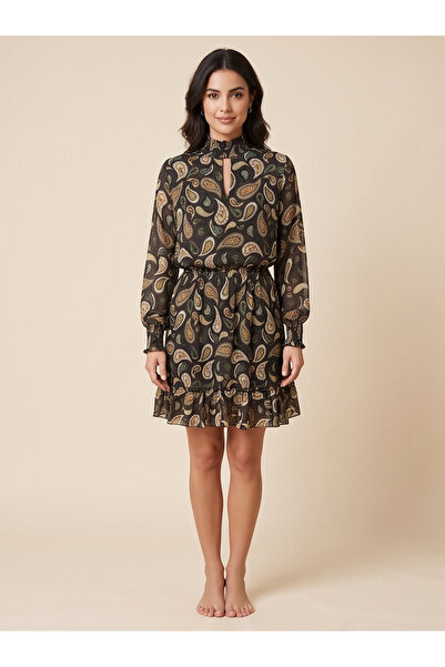 gökçesu Women's Shawl Patterned Chiffon Dress - High Neckline Lined Mini Dress