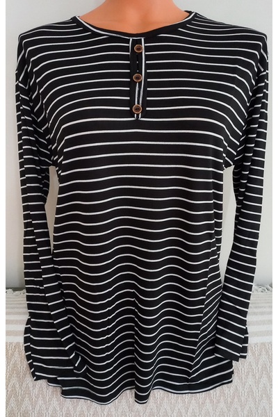 Anne Er Clothing Summer Combed Cotton Blouse Long-Sleeve O-Neck Black and White Stripe