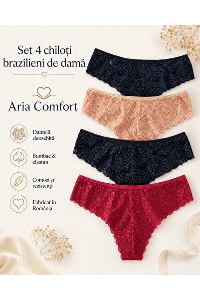 Aria Comfort Комплект от 4 бразилски бикини с дантела – памук, (тъмносин, беж...