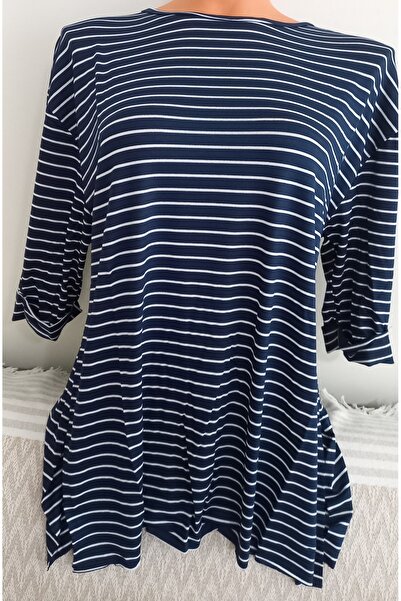Anne Er Clothing Summer Combed Cotton Blouse Crew Neck Capri Sleeve Laci Striped