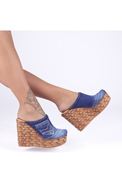 jeanlog Women's Denim Wedge Heel Platform Slippers Leather Insole