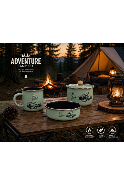 Adventure Kamp Emaye Seti 3’lü – Kapaklı Tencere, Emaye Kupa ve Emaye Kase | ...