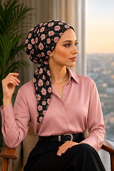 Aişe tesettür Black Powder Floral Thin Cotton Scarf Bonnet