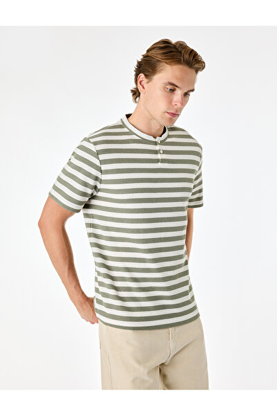 Koton Regular Fit Short Sleeve Buttoned Henley Collar Striped T-Shirt