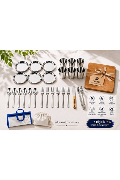 aksenbirstore ÇELİK PİKNİK VE KAMP SETİ 6 KİŞİLİK-KESME TAHTASI HEDİYE TOPLAM...