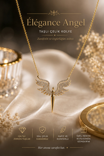 Majestia Élégance Angel Taşlı Çelik Kolye – Altın Renk Zirkon Taşlı Melek Kan...