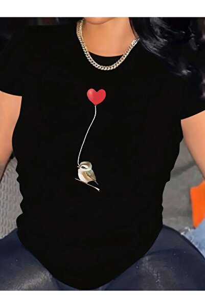 212Wear Y2K Elegant Heart Sparrow Print Round Neck Casual T-Shirt Short Sleev...