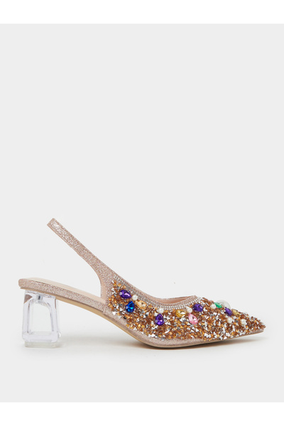 Take Two By Styli Beige Rhinestone Pointed Toe Slingback Pumps