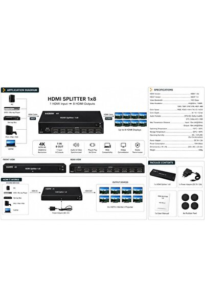 Weetotung 4K HDMI Splitter 1 In 8 Out | 1x8 HDMI 1.4b 4K@30Hz Ultra HD 3D 108...