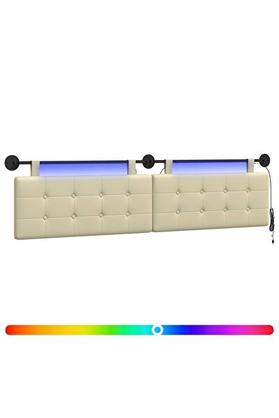 vidaxl Tăblie de pat suspendată Cu lumină LED Crem Piele artificială