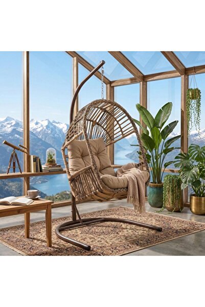 ReHome Truva Tek Kişilik Rattan Bahçe Salıncağı | Açık Kahve