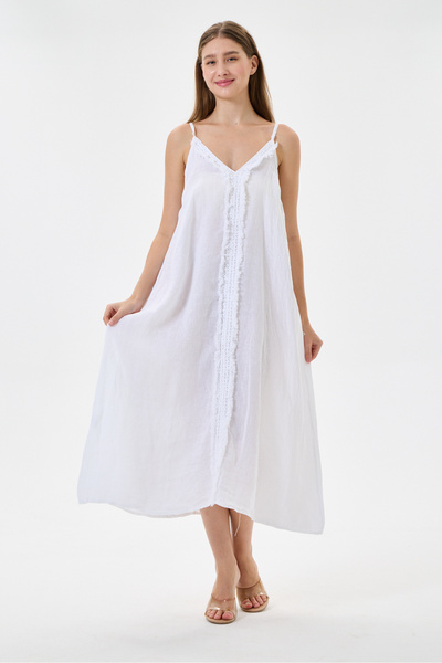 della moor White Italian 100% Linen Long Linen Dress with Tassels and Adjusta...