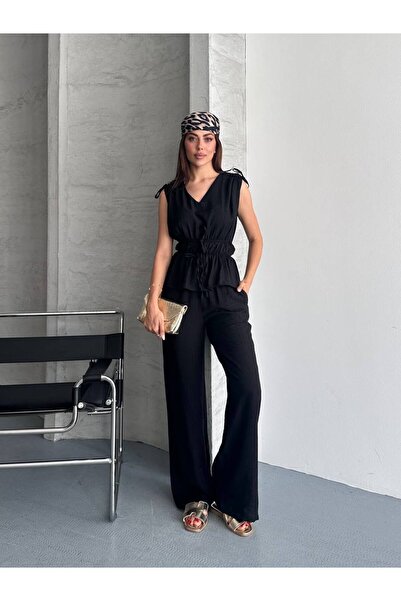 DİLARA GİYİM V-Neck Gathered Detailed Sleeveless Blouse Pants Set