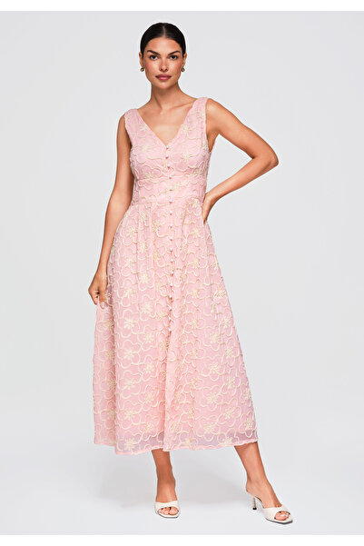OMBRE Women's Midi Dress, Flared Design, V-Neck, Wide Straps, OW-DLR-E0015