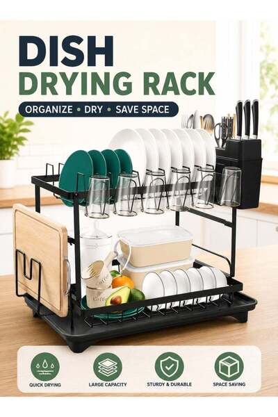 Generic MarkedOne 2 Tier Dish Drying Rack with Utensil Holder Cutting Board H...