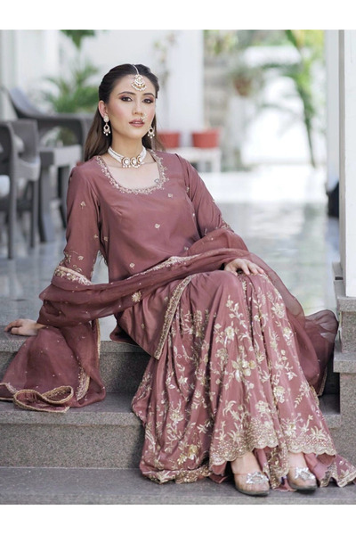 MYSMAR Mauve Chinon Silk Embroidered Sharara Set - HRT1624 | Mauve-Size:S-36-...