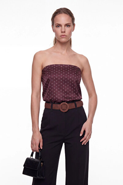 cemo Women's Polka Dot Strapless Lace Detailed Satin Blouse