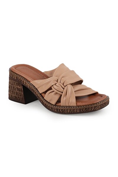 Libero Women's Heeled Slippers Genuine Leather Knotted Straw Sole Daily Comfo...