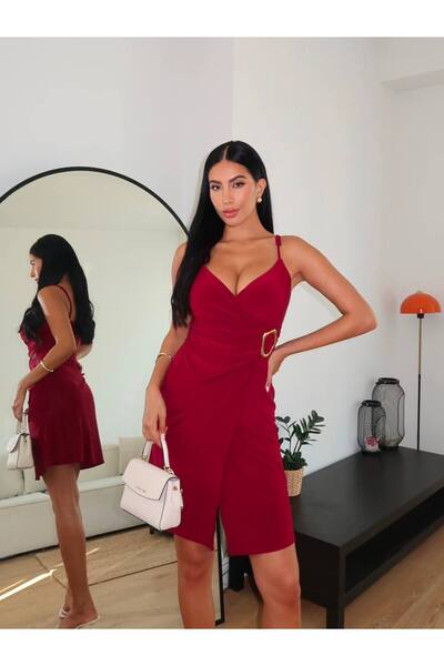 FLOWERİNG Women's Red Draped Double-Breasted Mini Dress with Buckle Details