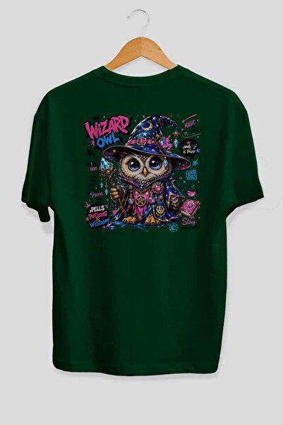 Ankhises Μπλουζάκι Wizard Owl Oversize με στάμπα στην πλάτη, πράσινο, Unisex,...
