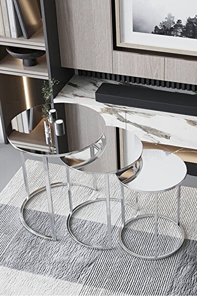 Zigon Gümüş Metal (DÜZ) Aynalı 3lü C Sehpa