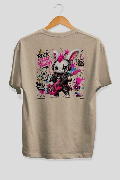 Ankhises Μπλουζάκι Rock Star Bunny Oversize με στάμπα στην πλάτη, μπεζ, Unise...