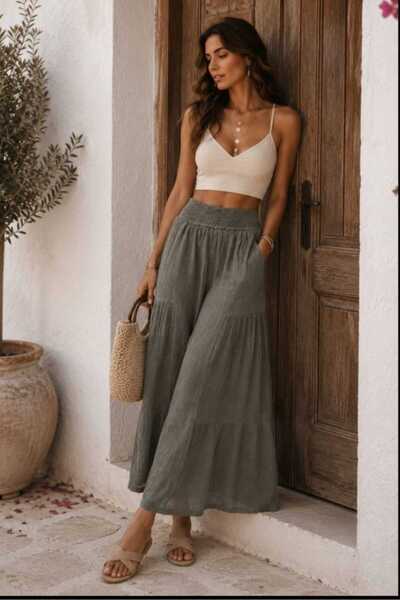 Budan Export Women's 100% Cotton Linen Wide-Leg Trousers with Elastic Waist, ...