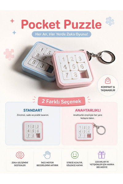 TREDO Pocket Puzzle 3X3 Sliding Brain Teaser - Mini Pocket Puzzle - Standard and Keychain Option