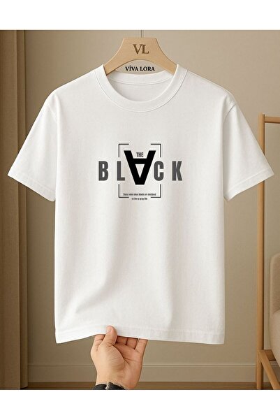 VİVA LORA Black Printed 100% Cotton Crew Neck Regular Unisex White T-Shirt