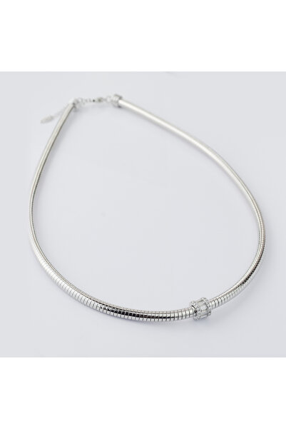 Gümüş Renk Halka Baget Taşlı Kolye 45cm - KL0001