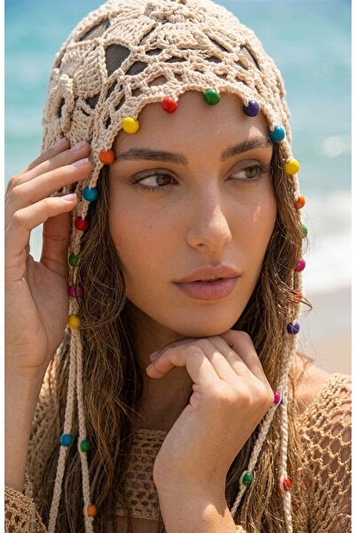 LAGRANZE Women's Cotton Bohemian Beaded Knitted Bandana Beanie