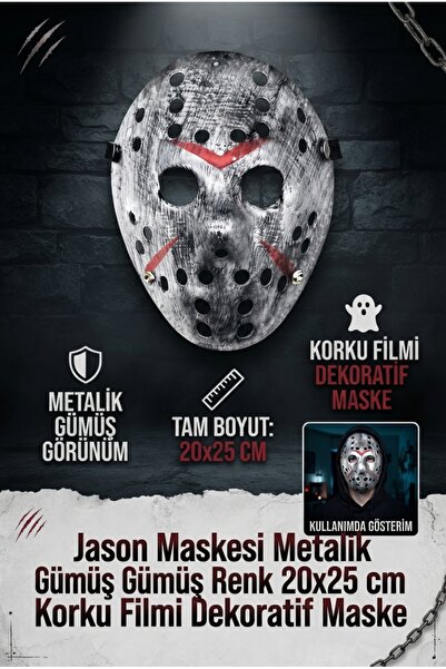 ALL FAST Jason Maskesi Metalik Gümüş Renk 20x25 cm | Tam Yüz Korku Maskesi | ...