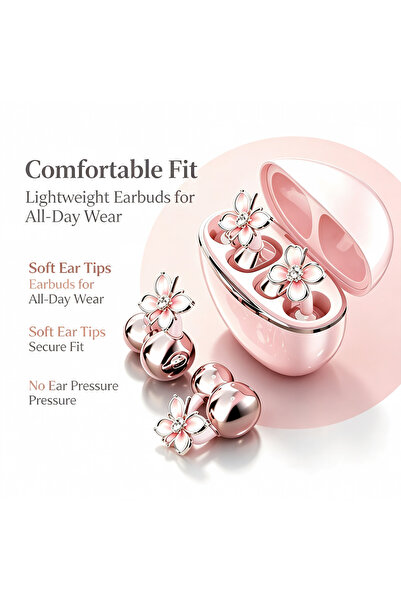 Abmkw Pink Cherry Blossom Diamond Decor Wireless Earbuds, Ultra-Light Comfort...