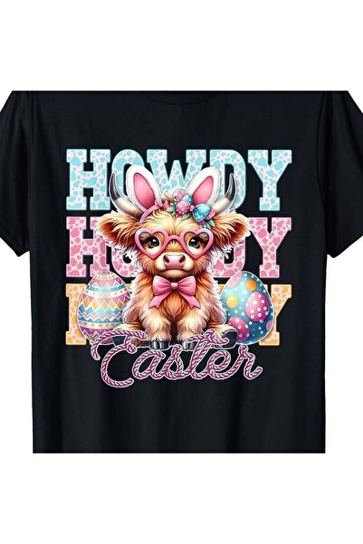 01THEONE تي شيرت Howdy Highland Cow Western Easter Bunny Ears للفتيات والأولا...