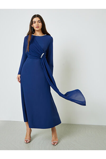 Take Two By Styli Navy Blue Embellished Draped A-Line Maxi Dress