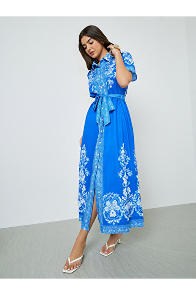 Take Two By Styli Blue Graphic Short Sleeves Shirt Maxi Dress